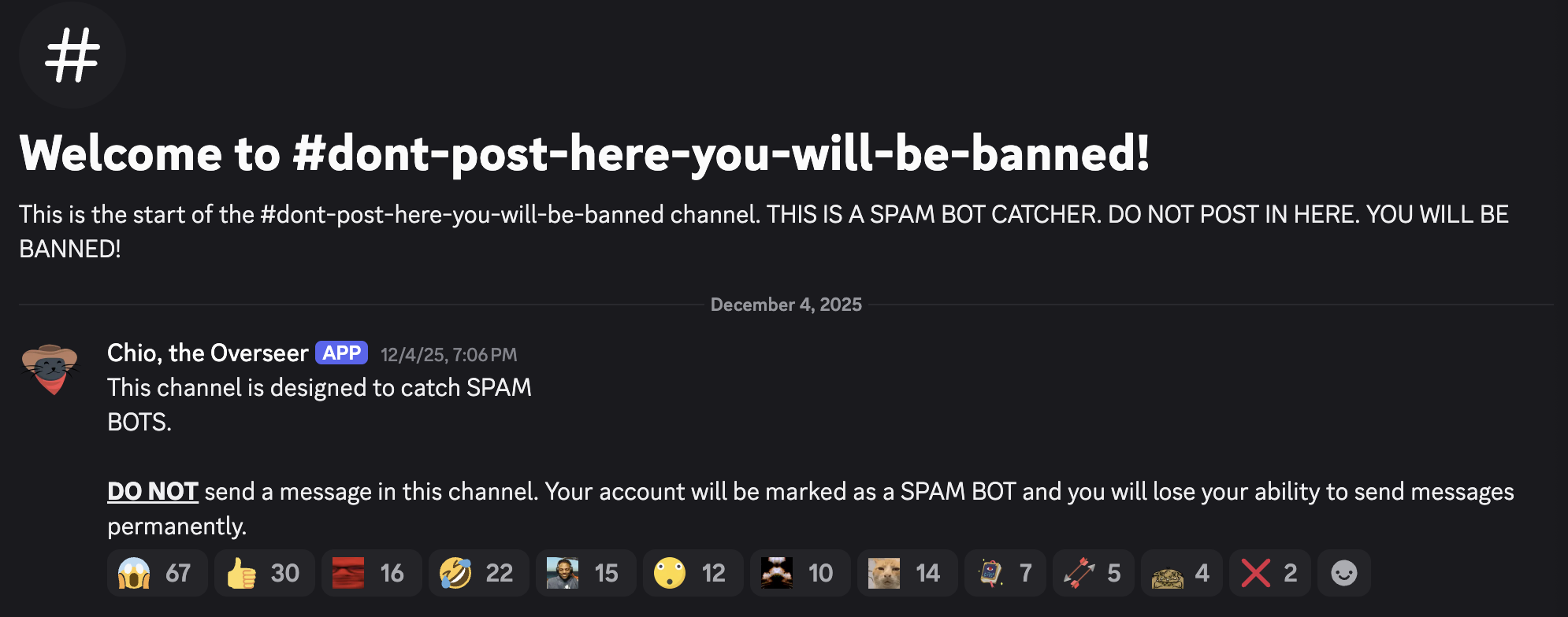 Message in the #dont-post-here-you-will-be-banned channel telling you not to post anything